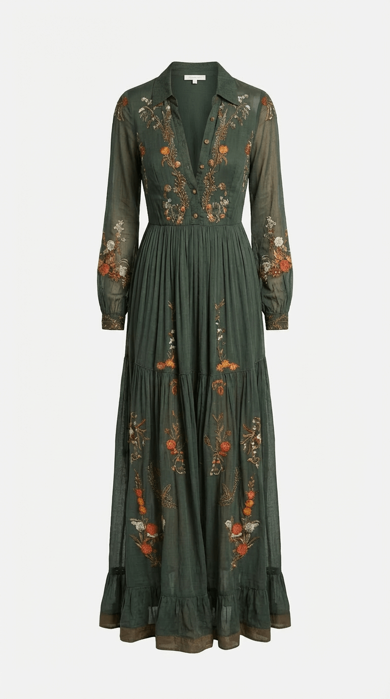 Women's Maxi Boho Dress – Floral Print, Tie-Belt Waist tiered skirt detail