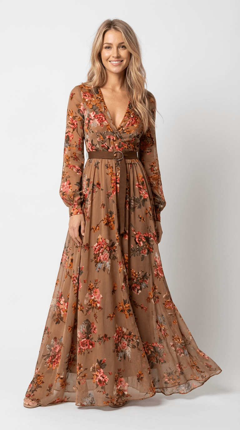 Women's Maxi Boho Dress – Floral Print, Tie-Belt Waist waist and belt detail