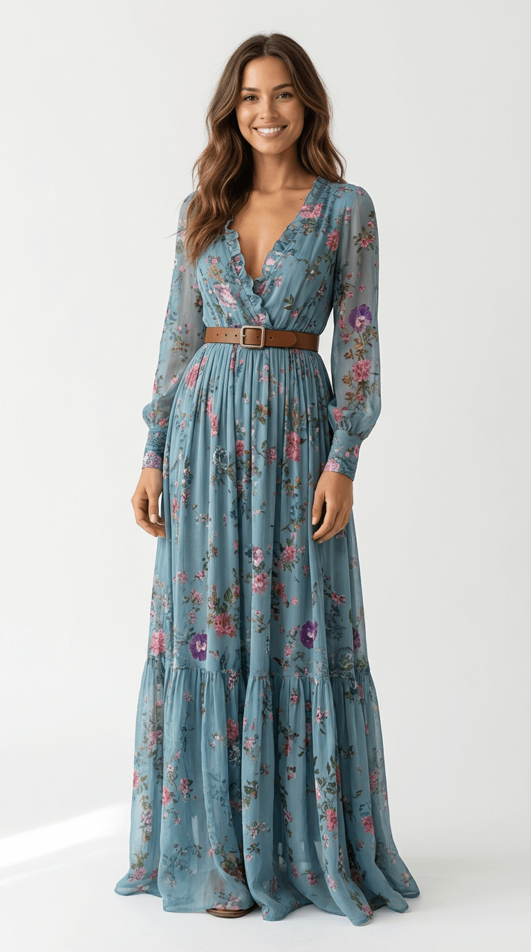 Women's Maxi Boho Dress – Floral Print, Tie-Belt Waist full length view
