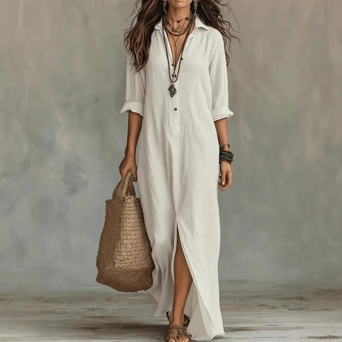 Women's Maxi Shirt Dress – Button Placket, Side Slits front view