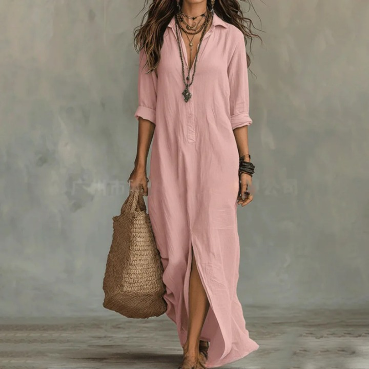 Women's Maxi Shirt Dress – Button Placket, Side Slits three-quarter sleeve cuff