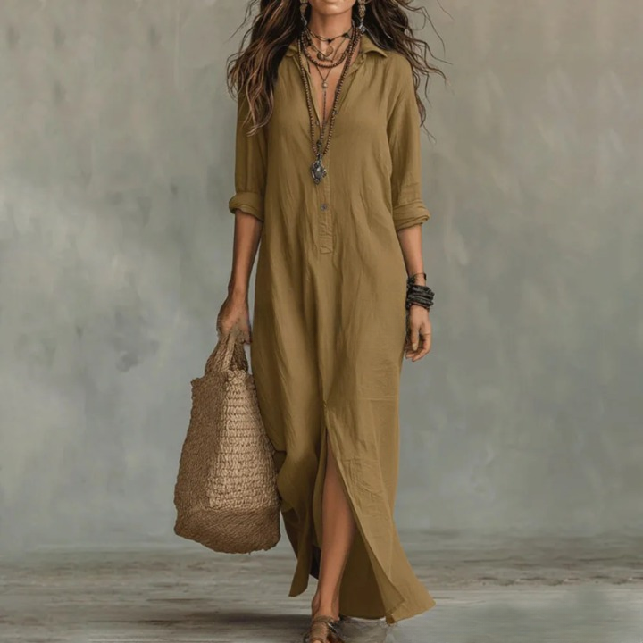 Women's Maxi Shirt Dress – Button Placket, Side Slits full-length view