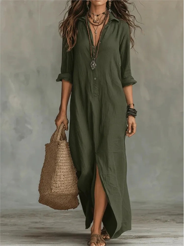 Women's Maxi Shirt Dress – Button Placket, Side Slits back view