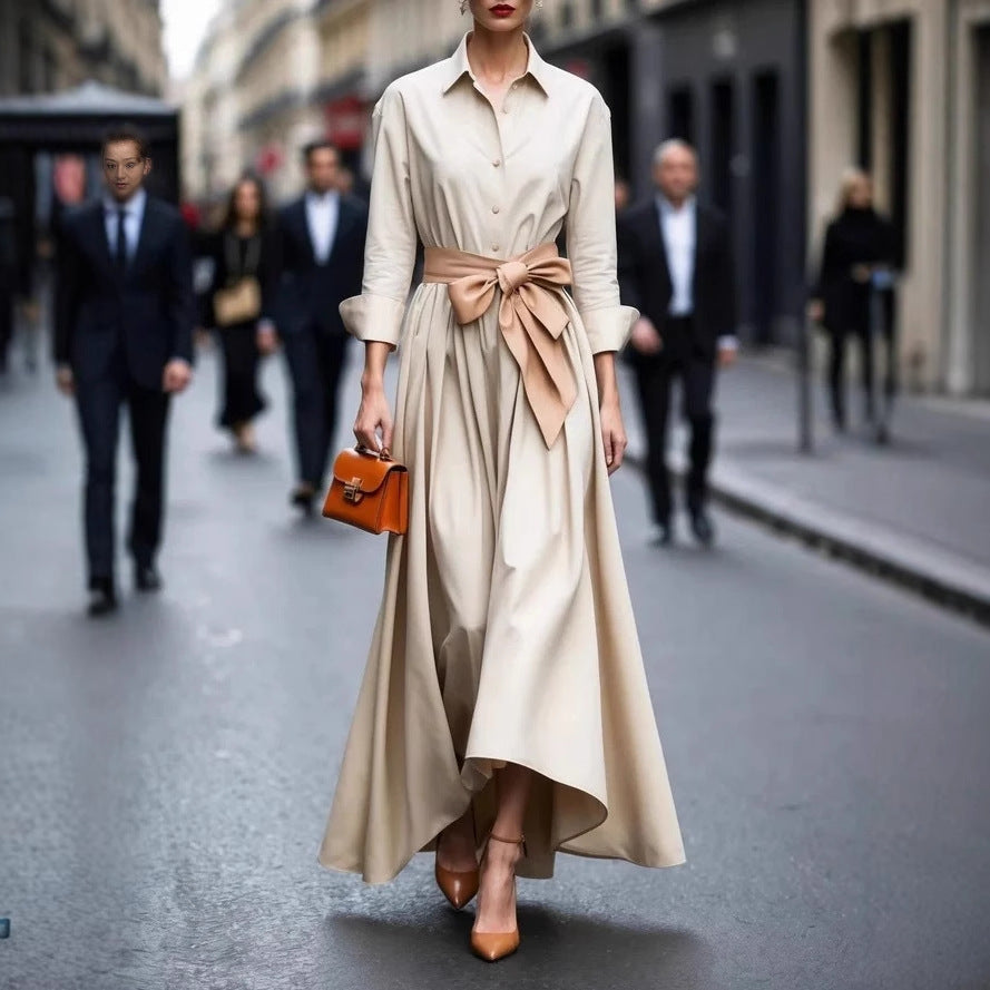 Women's Midi Shirt Dress – A-Line Hem, Button Front, Tie Belt front view