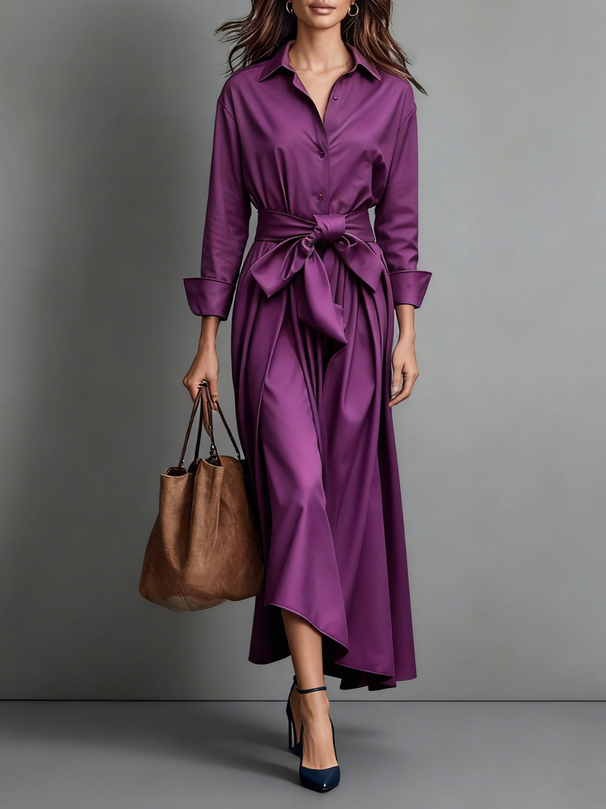 Women's Midi Shirt Dress – A-Line Hem, Button Front, Tie Belt belted waist detail
