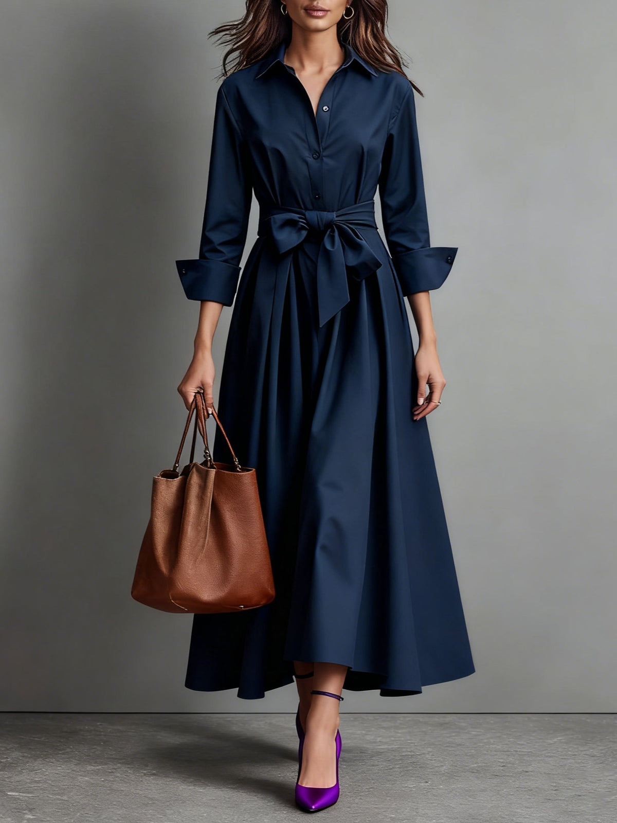 Women's Midi Shirt Dress – A-Line Hem, Button Front, Tie Belt collar and button placket