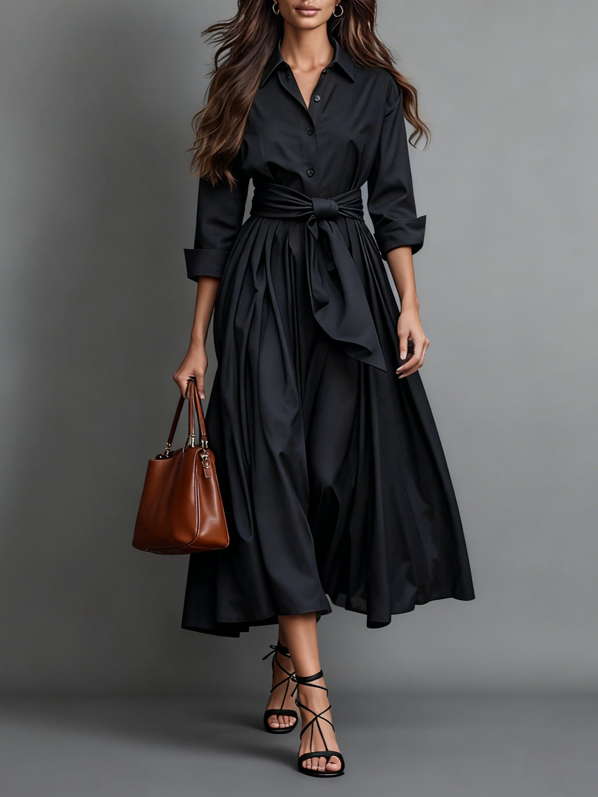 Women's Midi Shirt Dress – A-Line Hem, Button Front, Tie Belt side view