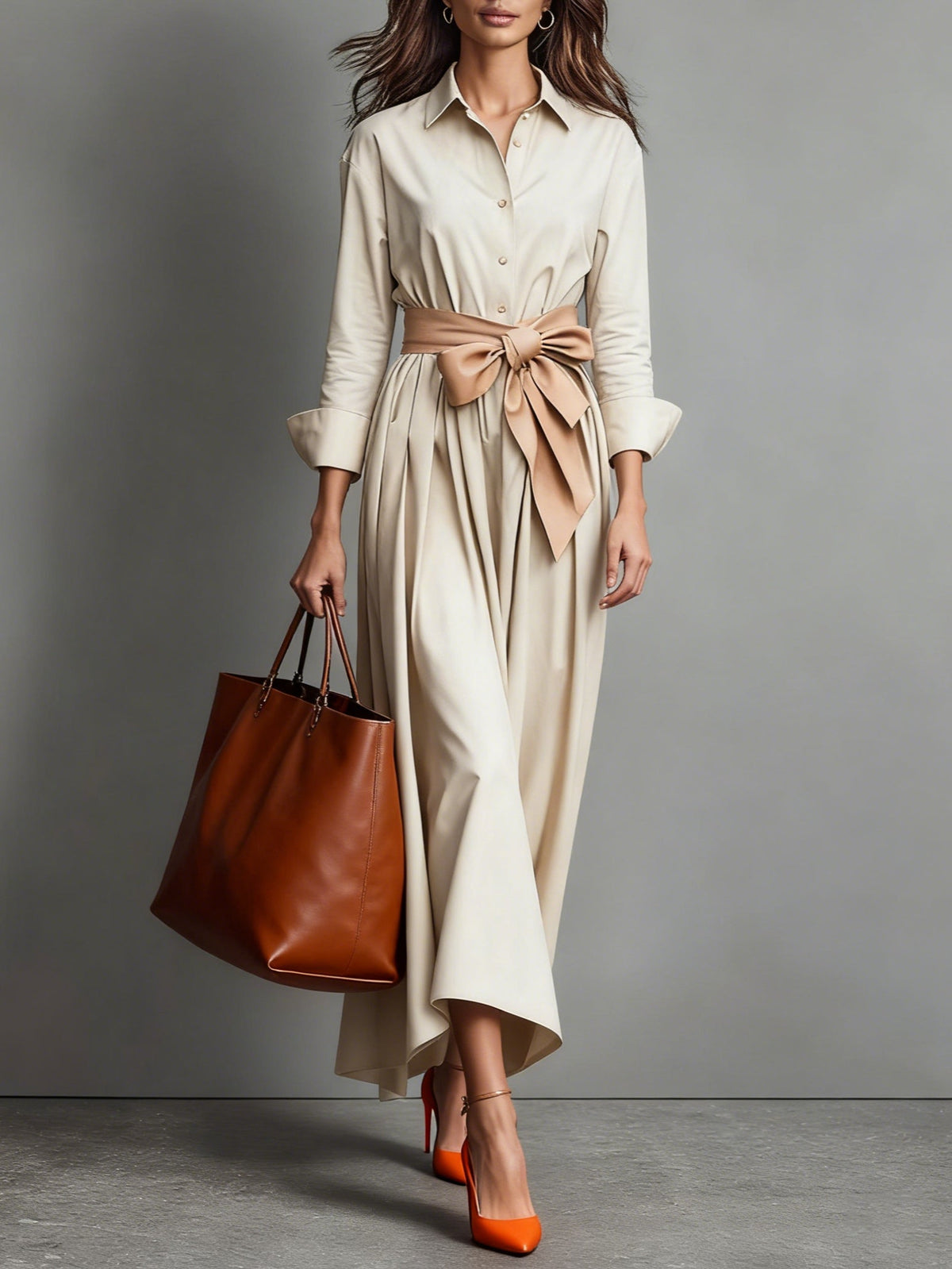 Women's Midi Shirt Dress – A-Line Hem, Button Front, Tie Belt full-length hem