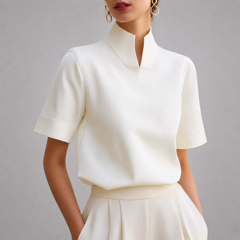 Women's mock neck blouse with V-cut front and short sleeves, front view