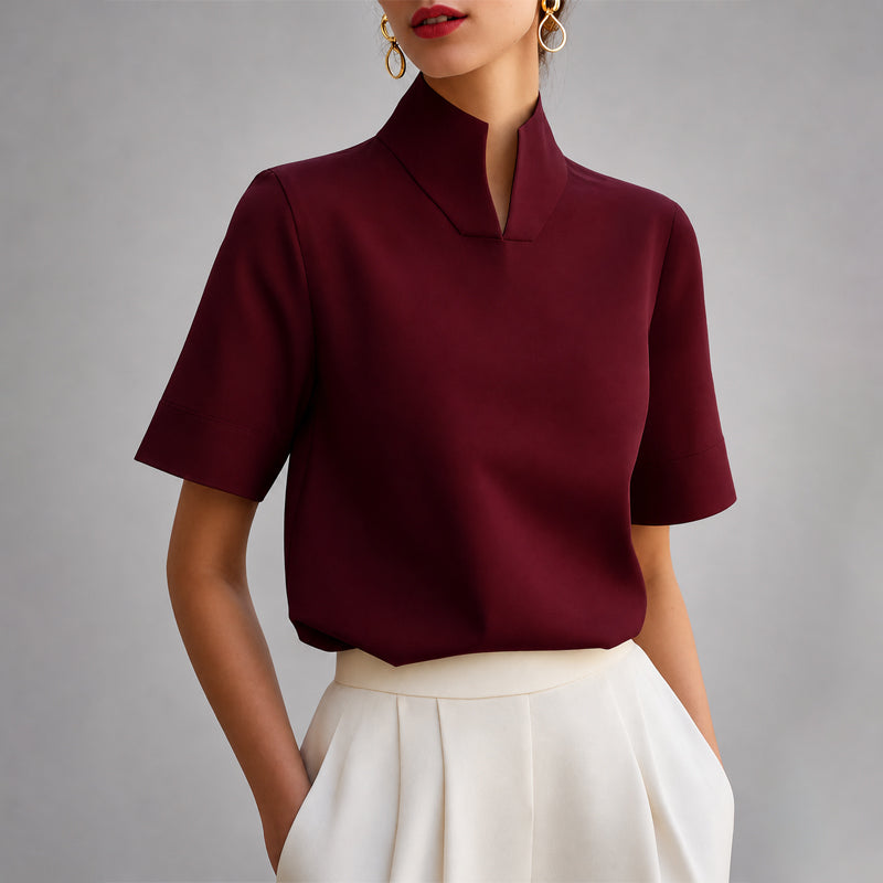Women's V-cut mock neck blouse back view