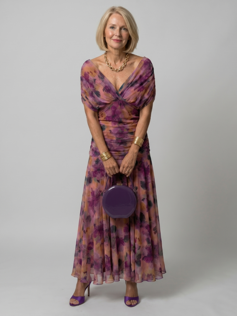 Women's Off-Shoulder Maxi Wedding Guest Dress – Floral Print, Ruched Bodice
