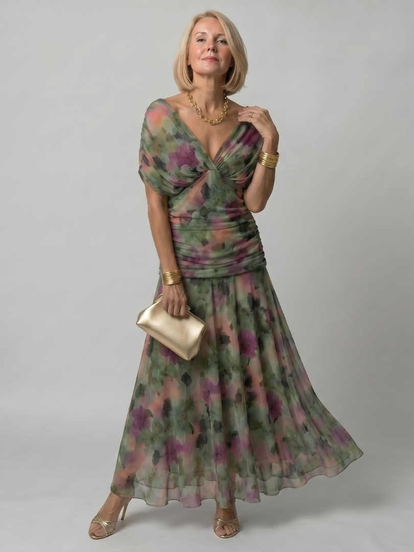 Women's Off-Shoulder Maxi Wedding Guest Dress – Floral Print, Ruched Bodice