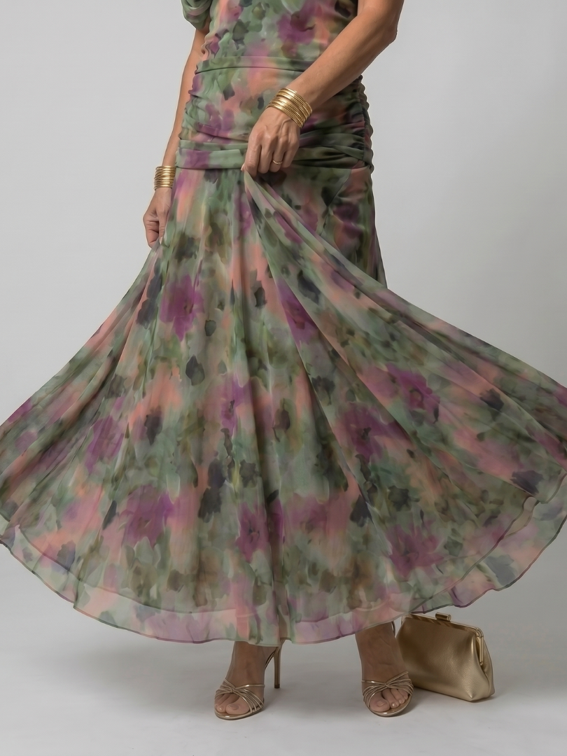 Women's Off-Shoulder Maxi Wedding Guest Dress – Floral Print, Ruched Bodice