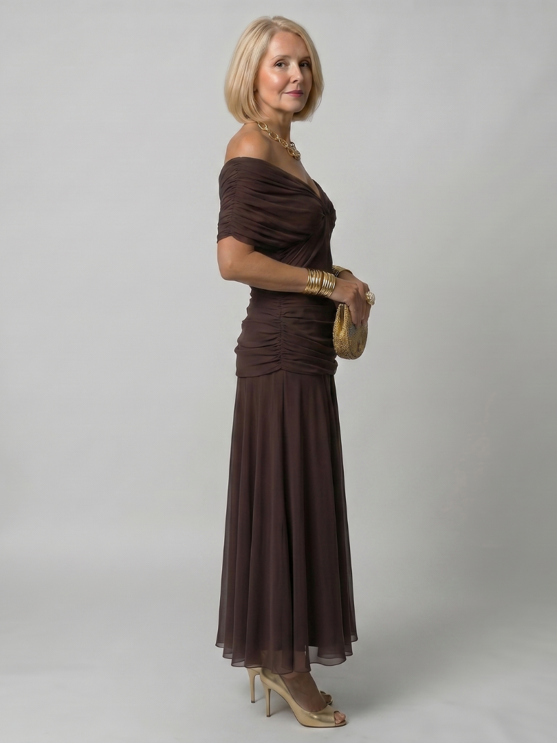 Women's Off-Shoulder Maxi Wedding Guest Dress – Floral Print, Ruched Bodice
