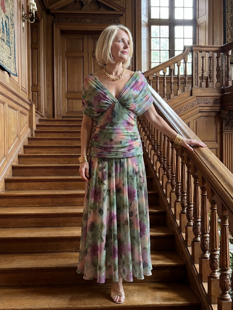 Women's Off-Shoulder Maxi Wedding Guest Dress – Floral Print, Ruched Bodice