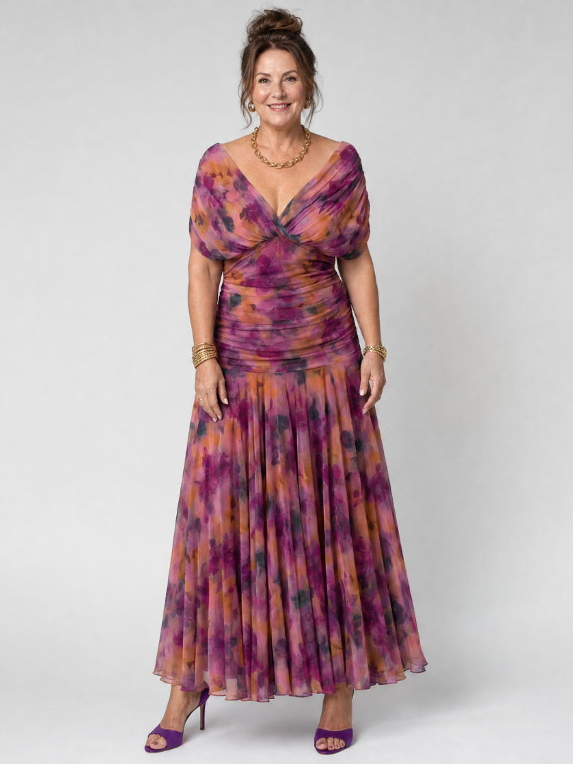 Women's Off-Shoulder Maxi Wedding Guest Dress – Floral Print, Ruched Bodice