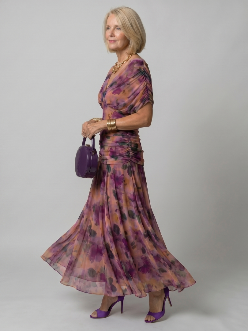 Women's Off-Shoulder Maxi Wedding Guest Dress – Floral Print, Ruched Bodice