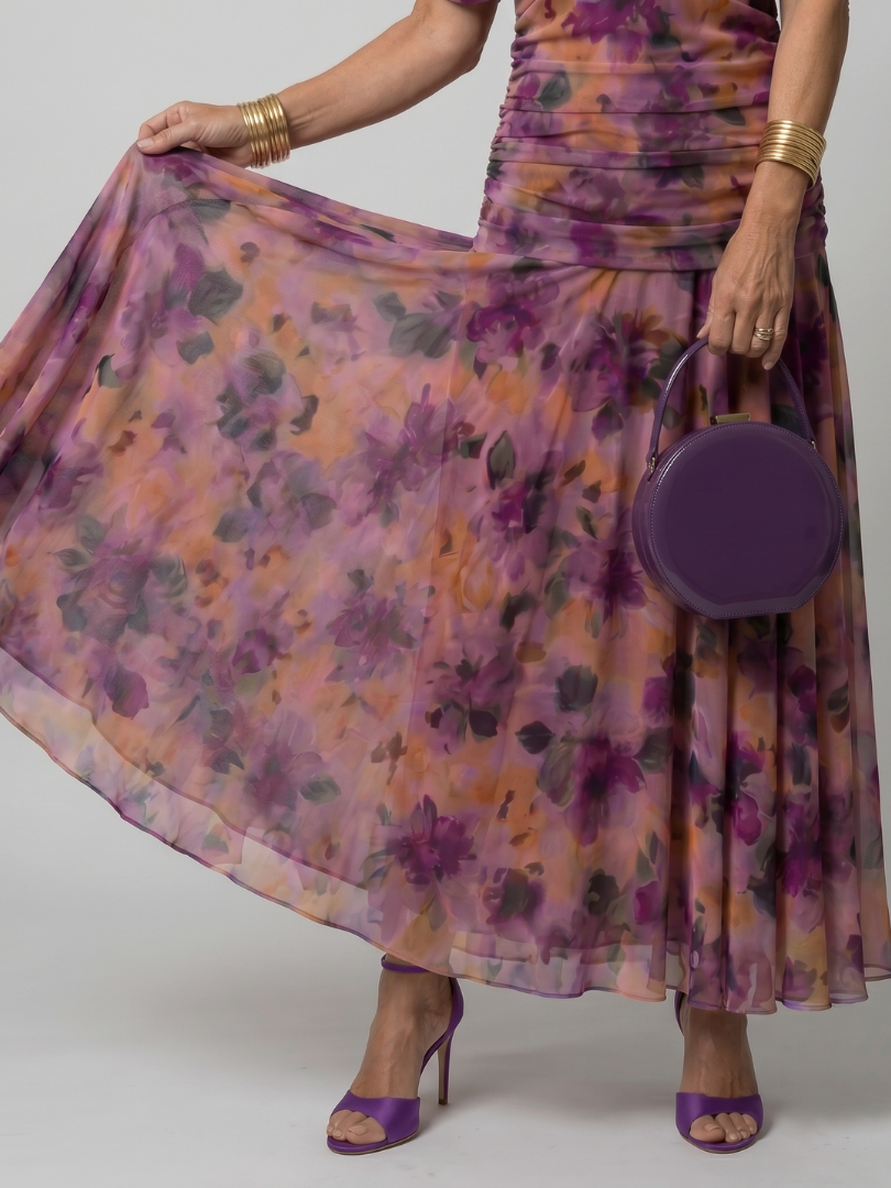 Women's Off-Shoulder Maxi Wedding Guest Dress – Floral Print, Ruched Bodice