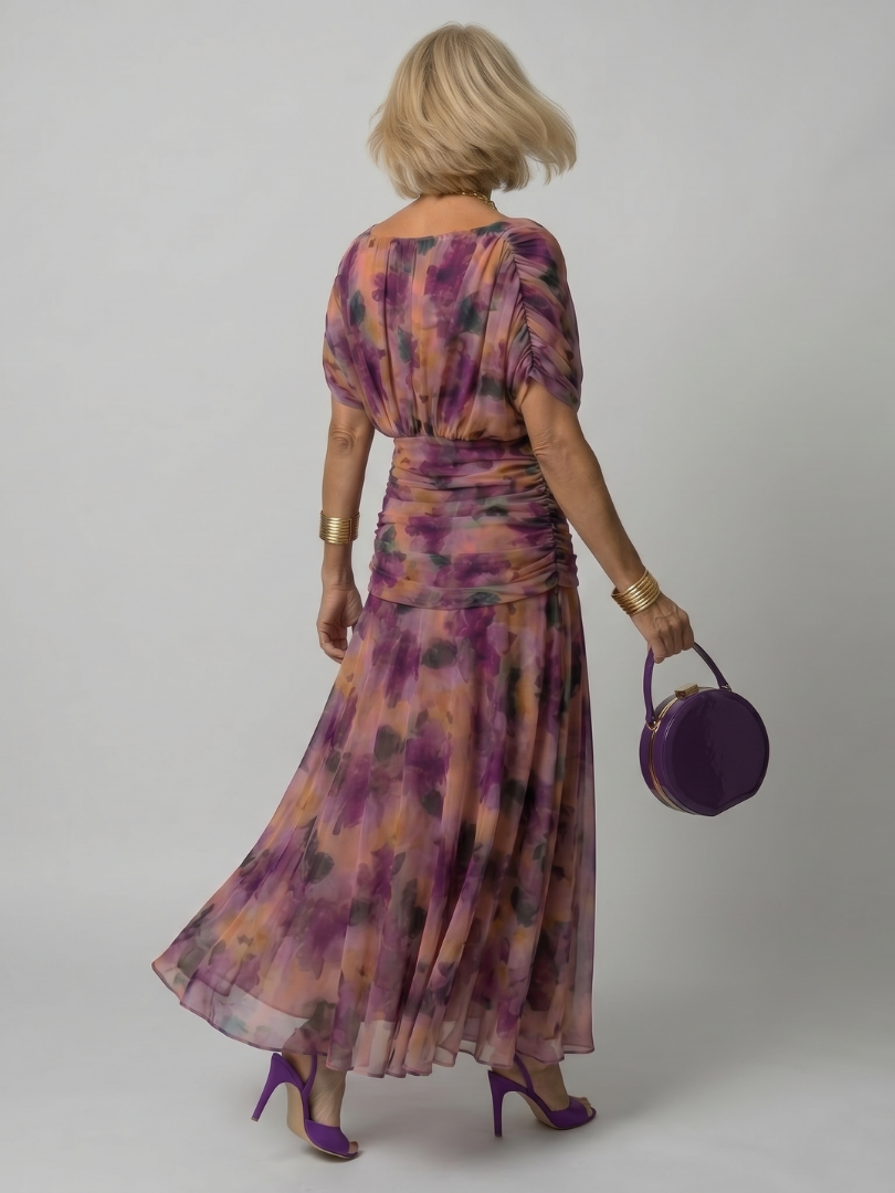 Women's Off-Shoulder Maxi Wedding Guest Dress – Floral Print, Ruched Bodice