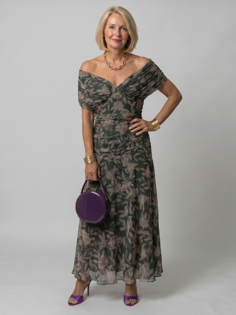 Women's Off-Shoulder Maxi Wedding Guest Dress – Floral Print, Ruched Bodice