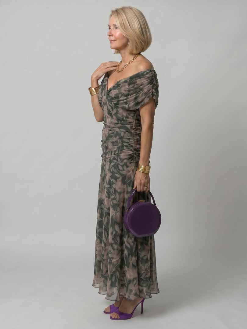 Women's Off-Shoulder Maxi Wedding Guest Dress – Floral Print, Ruched Bodice