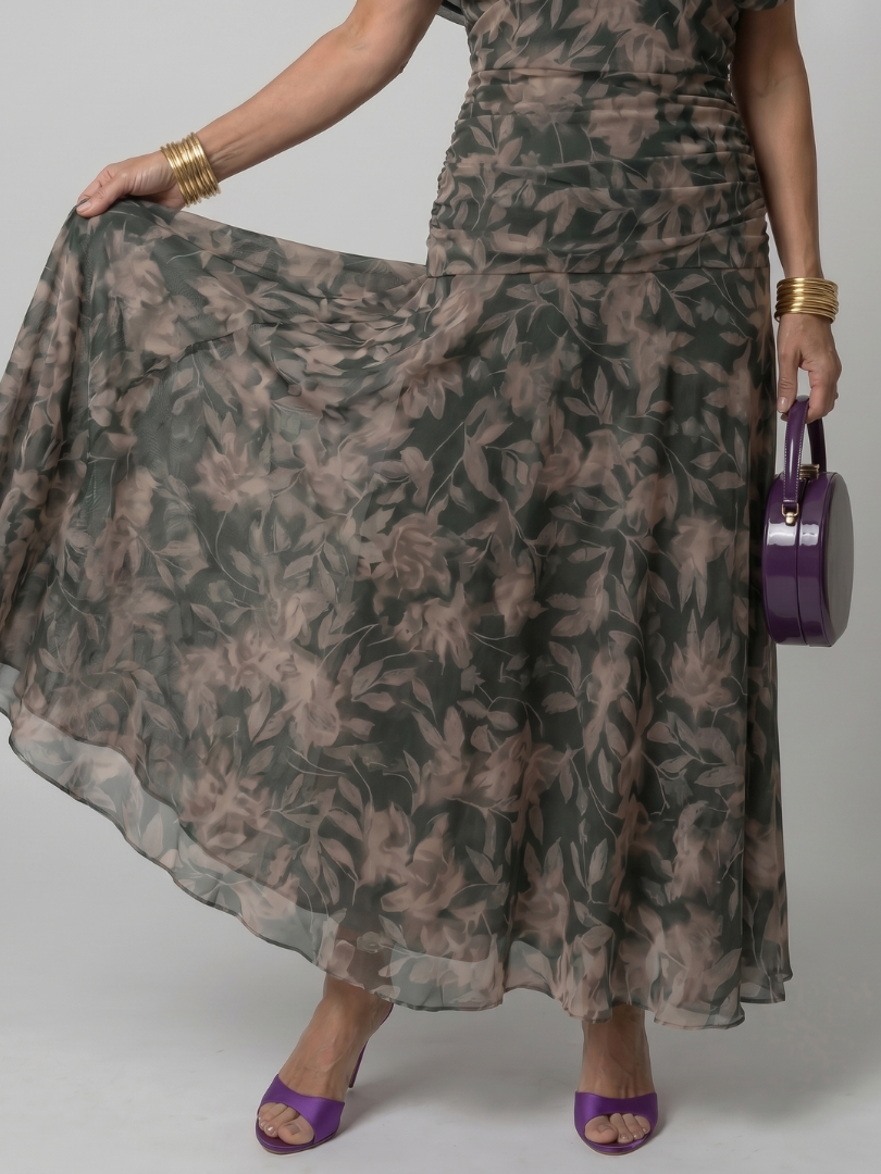 Women's Off-Shoulder Maxi Wedding Guest Dress – Floral Print, Ruched Bodice