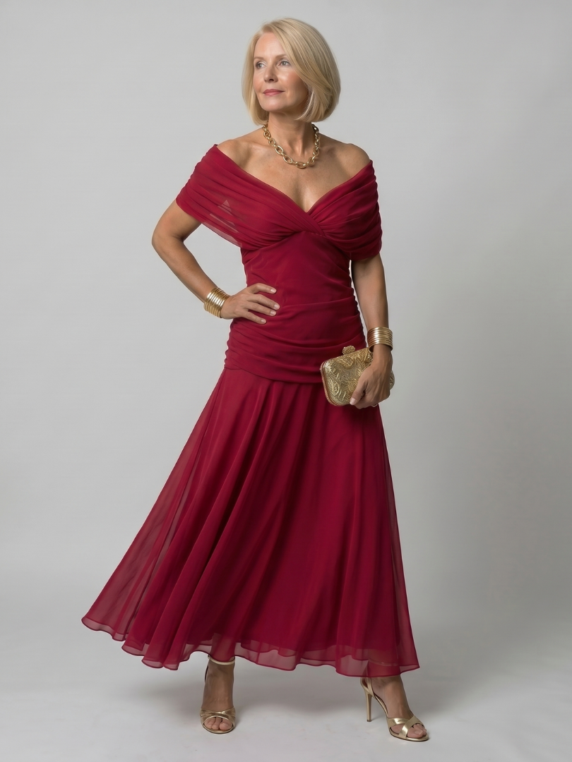 Women's Off-Shoulder Maxi Wedding Guest Dress – Floral Print, Ruched Bodice