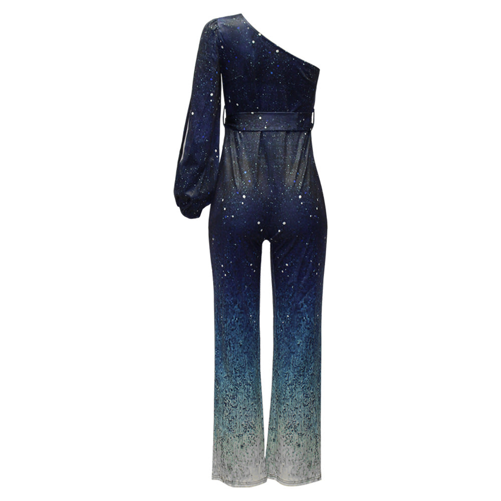 Women's One-Shoulder Jumpsuit – Wide-Leg, Ombre Gradient full-length view
