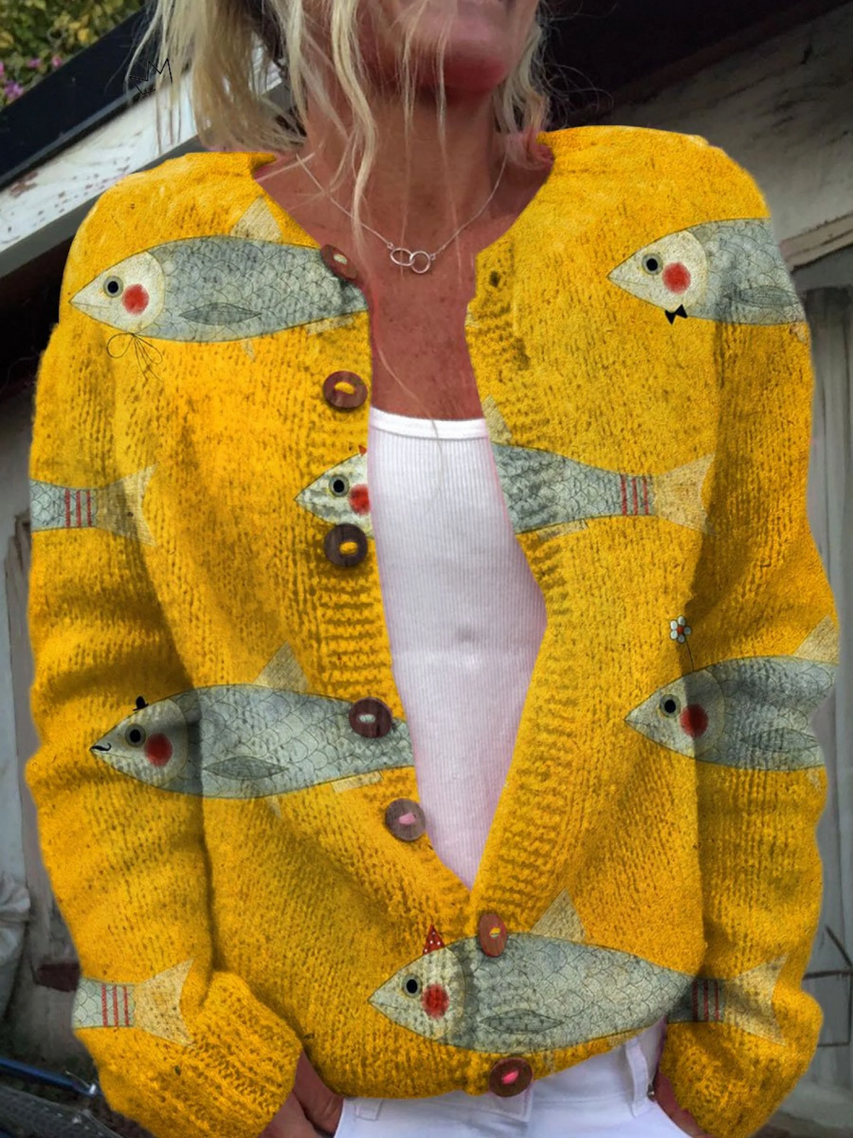 Women's Open-Front Cardigan – Fish Print, Round Button Placket