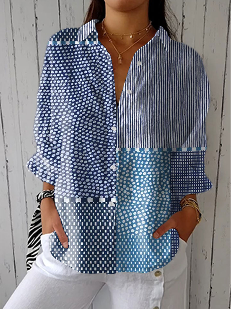 Women's Patchwork Blouse – Mixed Print, Relaxed Drape