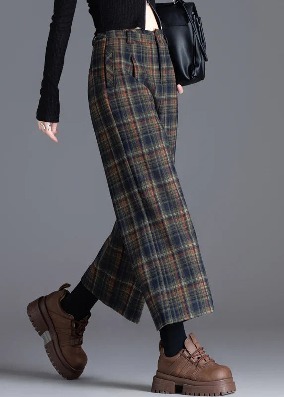 Women's Plaid Wide Leg Pants – Pleated Front, Cropped Hem front view