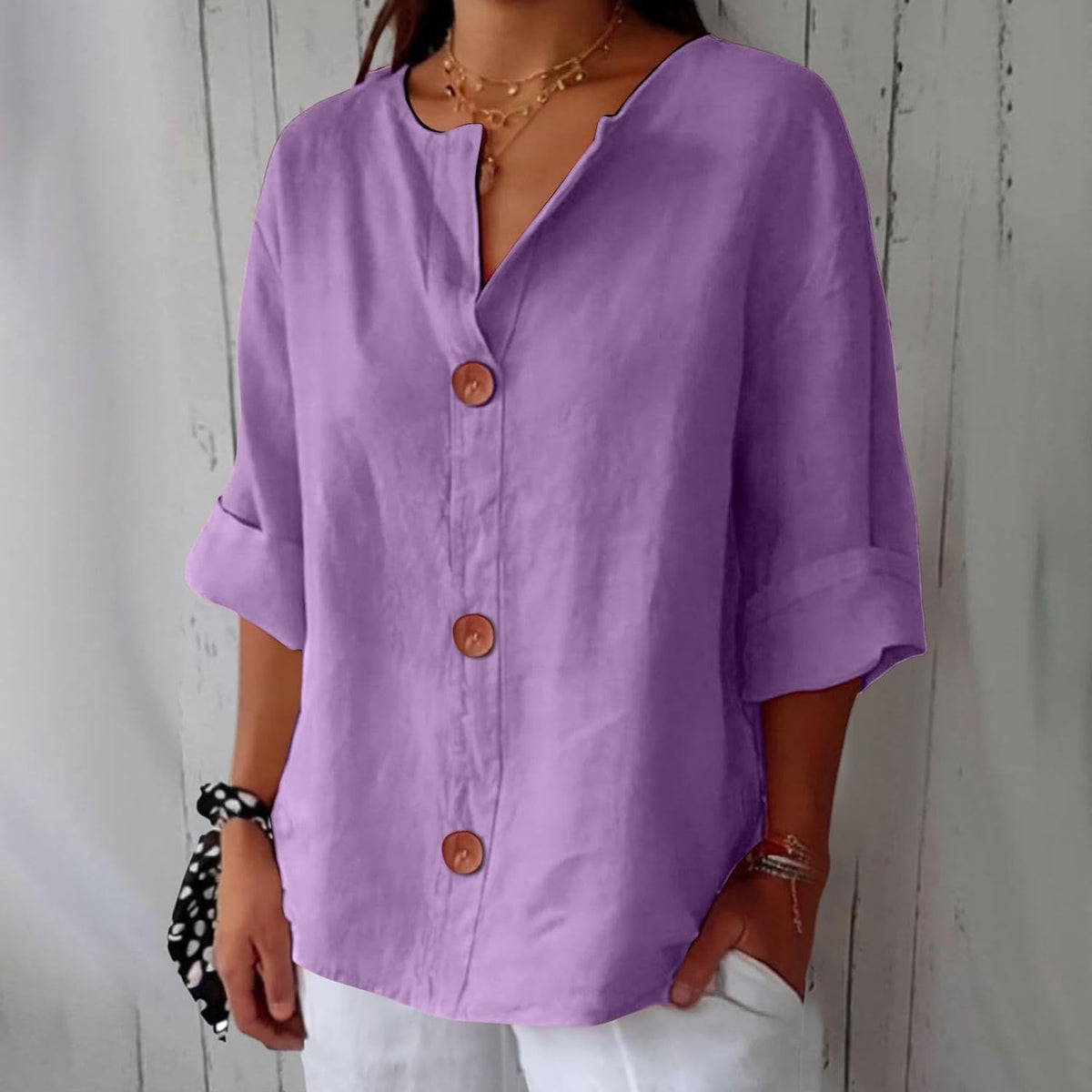 V-neckline detail of relaxed blouse