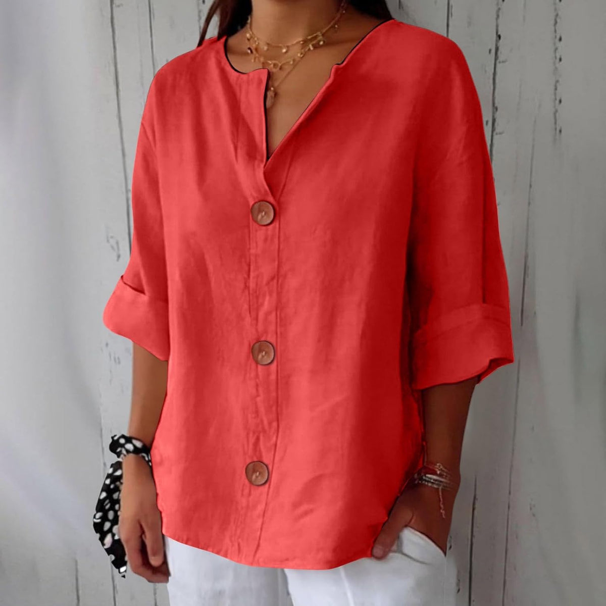 Full-length view of loose short-sleeve blouse