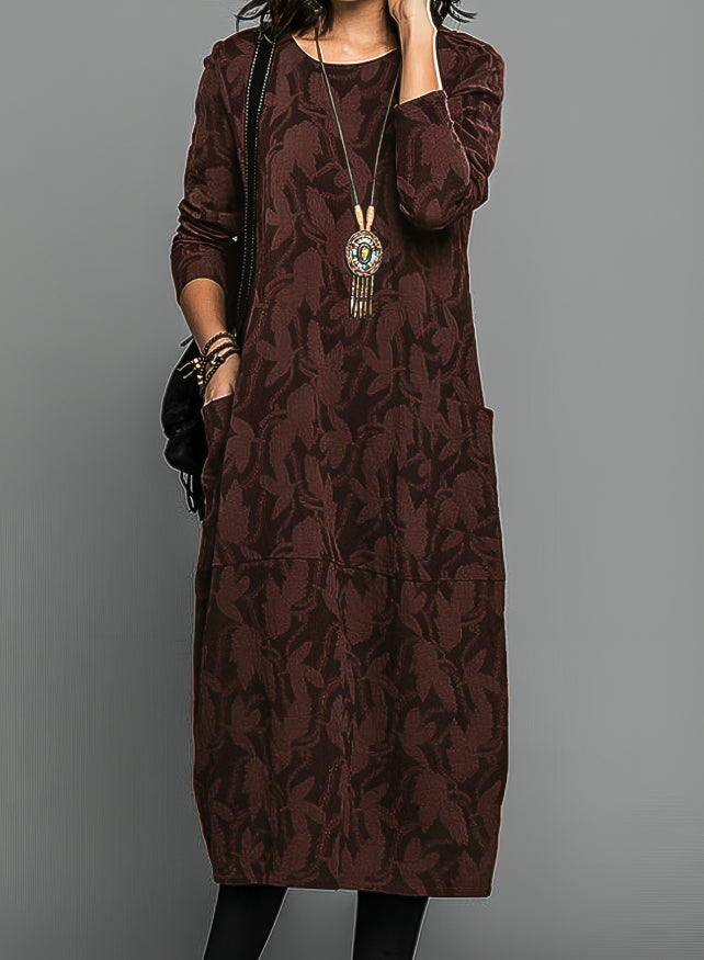 Women's Round Neck Midi Winter Dress – Cocoon Fit, Side Pockets side view