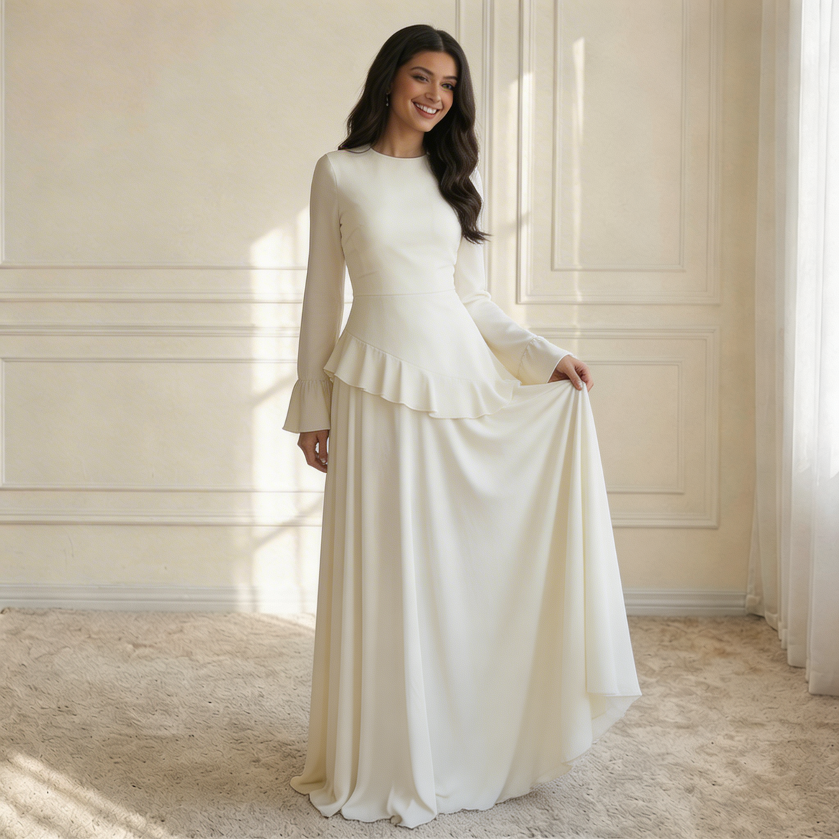 Women's Ruffle Maxi Dress – Flared Sleeves, Floor-Sweeping Hem styled view
