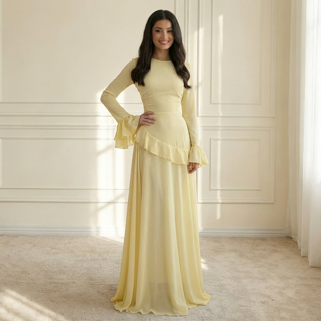 Women's Ruffle Maxi Dress – Flared Sleeves, Floor-Sweeping Hem sleeve detail