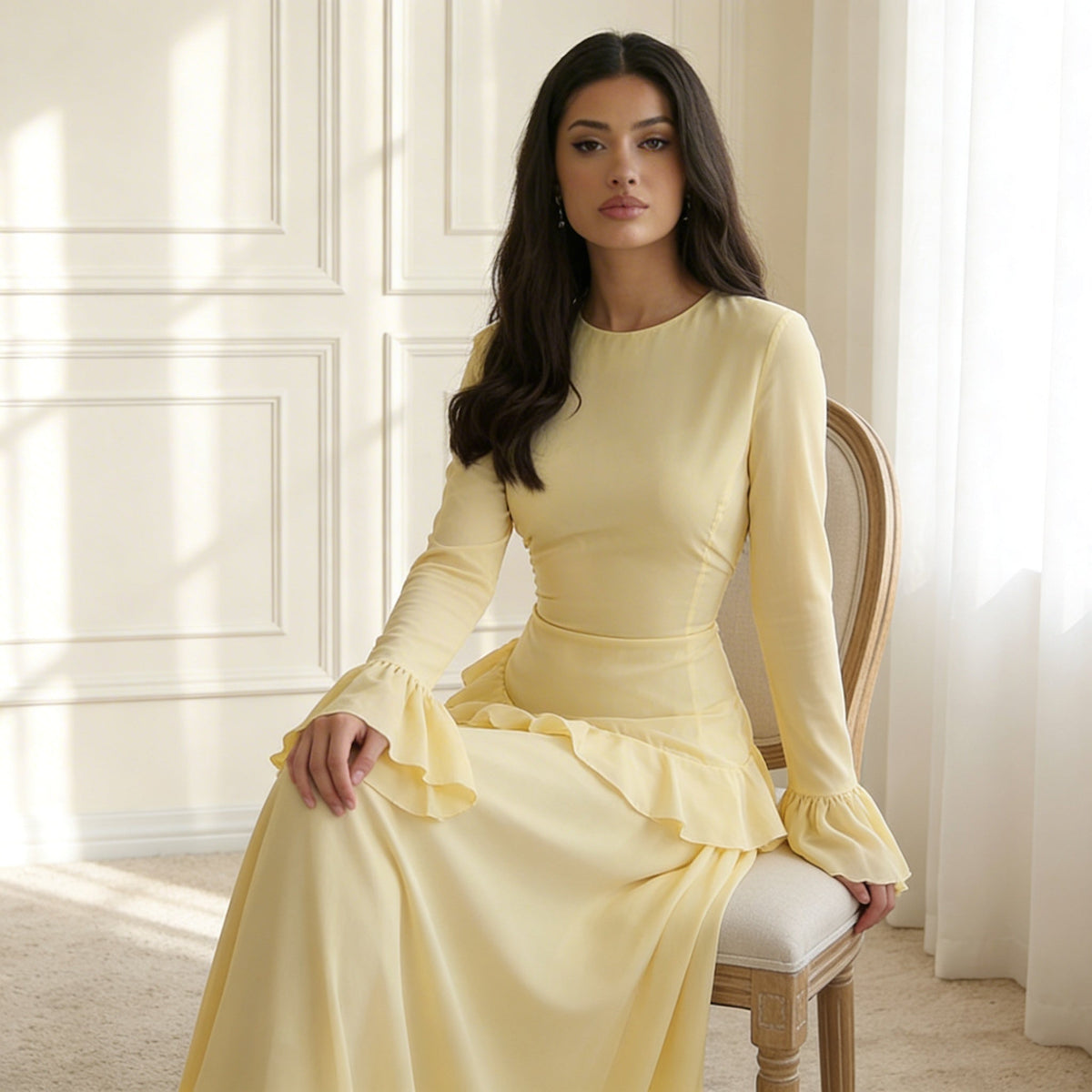 Women's Ruffle Maxi Dress – Flared Sleeves, Floor-Sweeping Hem bodice detail