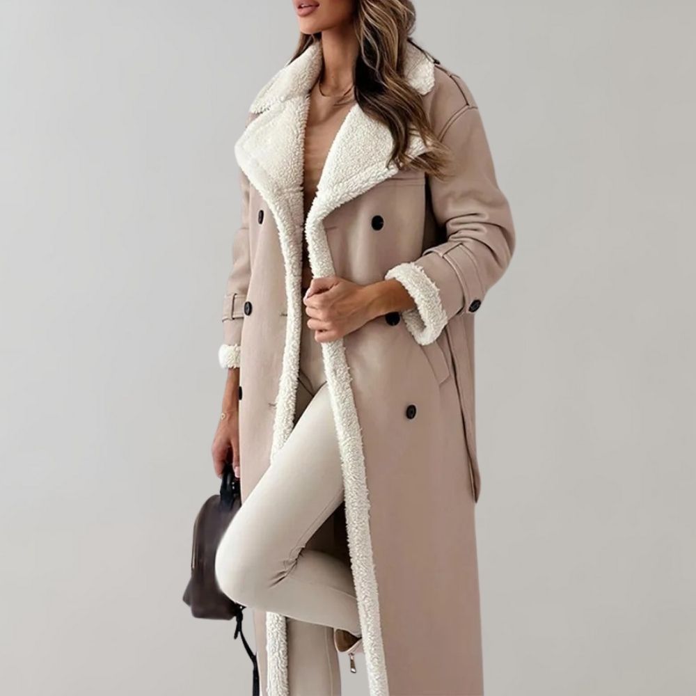 Women's Shearling-Lined Long Coat – Double-Breasted, Belted Cuffs button front close-up