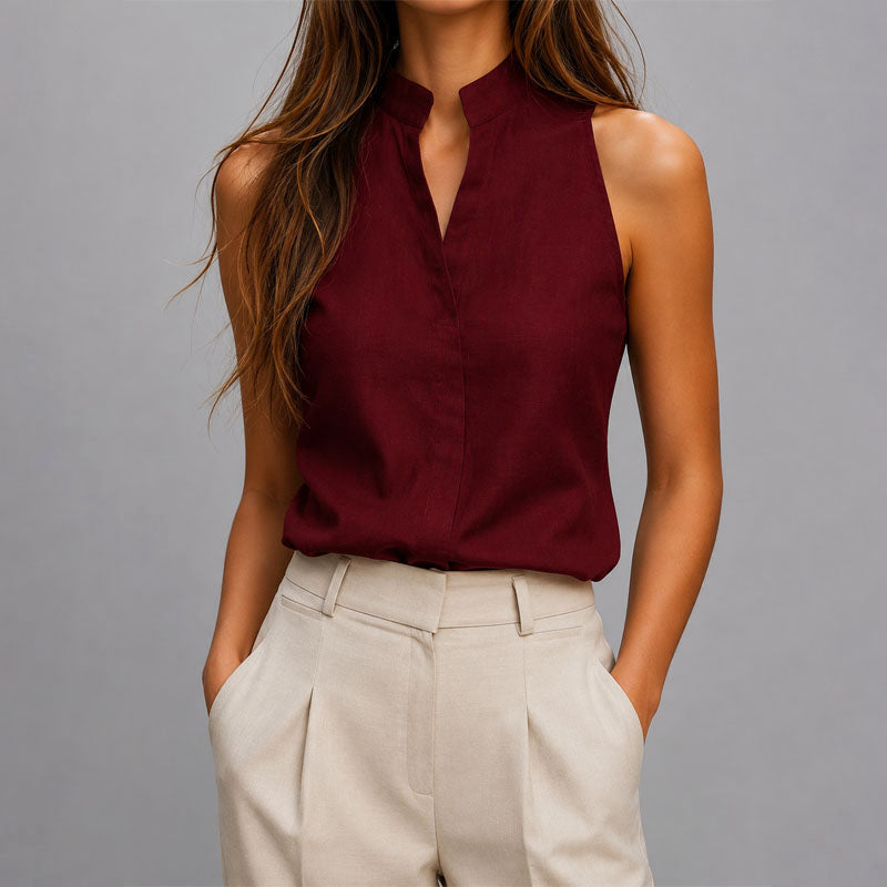 Women's Sleeveless Blouse – Mandarin Split-Neck Collar, Hidden Placket