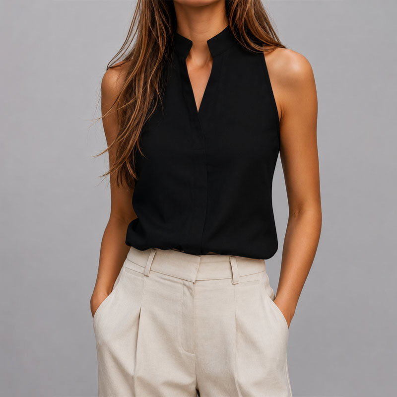 Women's Sleeveless Blouse – Mandarin Split-Neck Collar, Hidden Placket