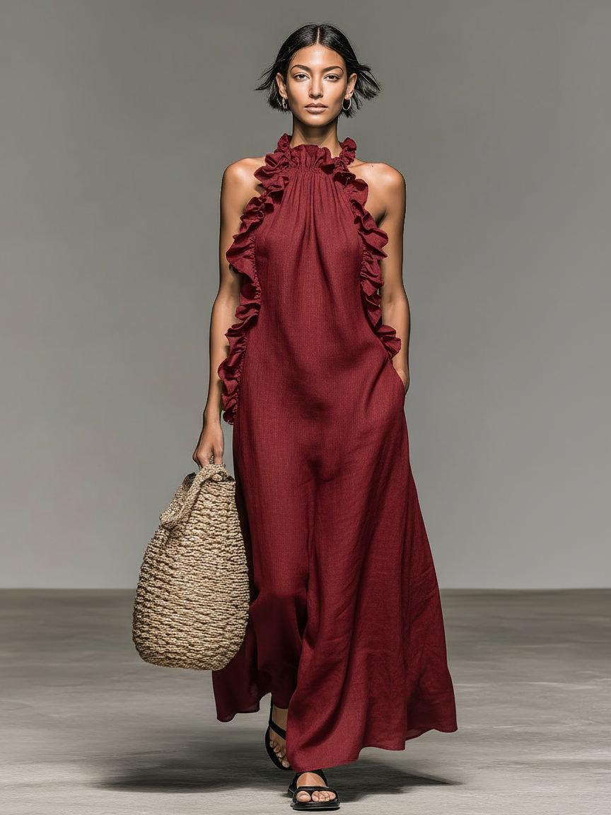 Women's Sleeveless Maxi Dress – Ruffle Accents, Flowing Cut skirt drape