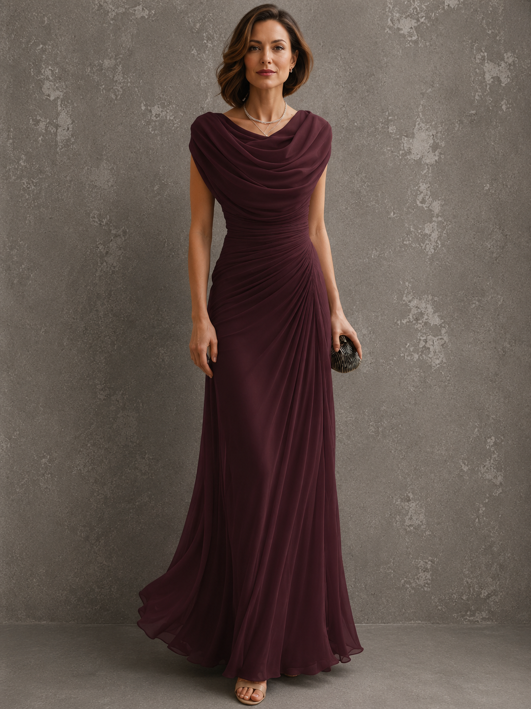 Women's Sleeveless Ruched Maxi Dress – Draped Bodice, Floor-Length Skirt