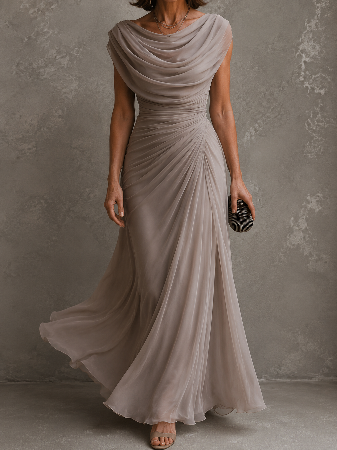 Women's Sleeveless Ruched Maxi Dress – Draped Bodice, Floor-Length Skirt