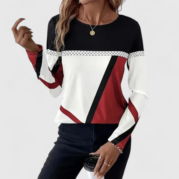 Women's Colour-Block Crew Neck Top – Long Sleeve, Geometric Panels