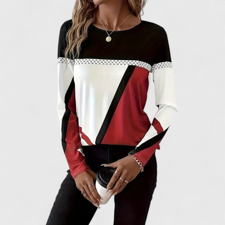 Women's Colour-Block Crew Neck Top – Long Sleeve, Geometric Panels