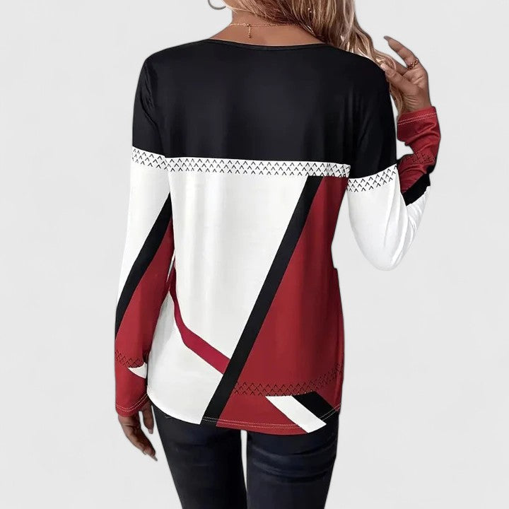 Women's Colour-Block Crew Neck Top – Long Sleeve, Geometric Panels