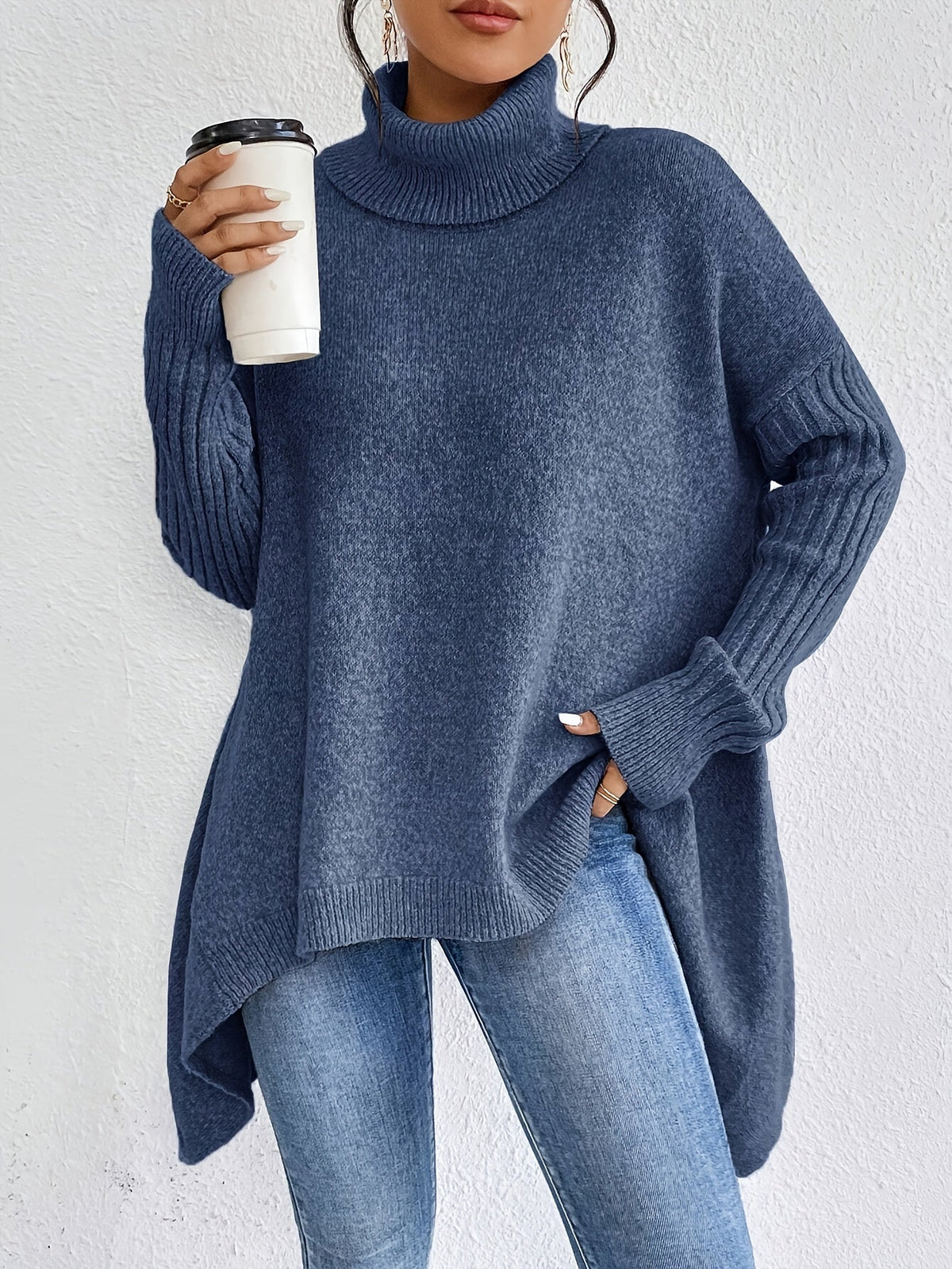 Women’s Turtleneck Jumper with Ribbed Sleeves and Asymmetric Hem
