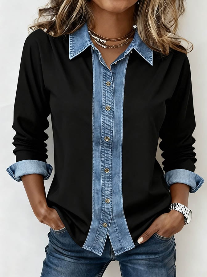 Women's Two-Tone butto-up shirt – Denim Trim Collar, Rolled Cuffs