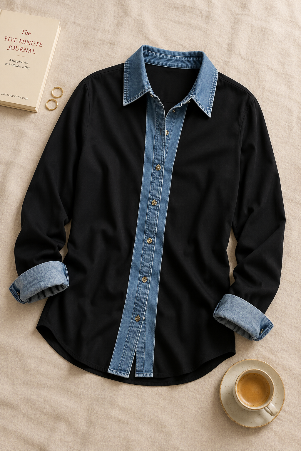 Women's Two-Tone butto-up shirt – Denim Trim Collar, Rolled Cuffs