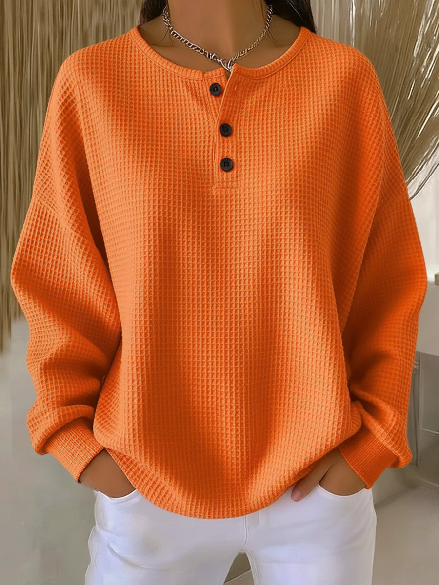 Women's Waffle Knit Sweater – Three-Button Henley Neck, Oversized front view